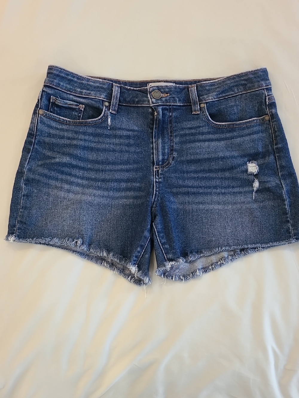Paige Parker Mid Rise Frayed Hem Medium Wash Blue Denim Frayed Jean Shorts 29
